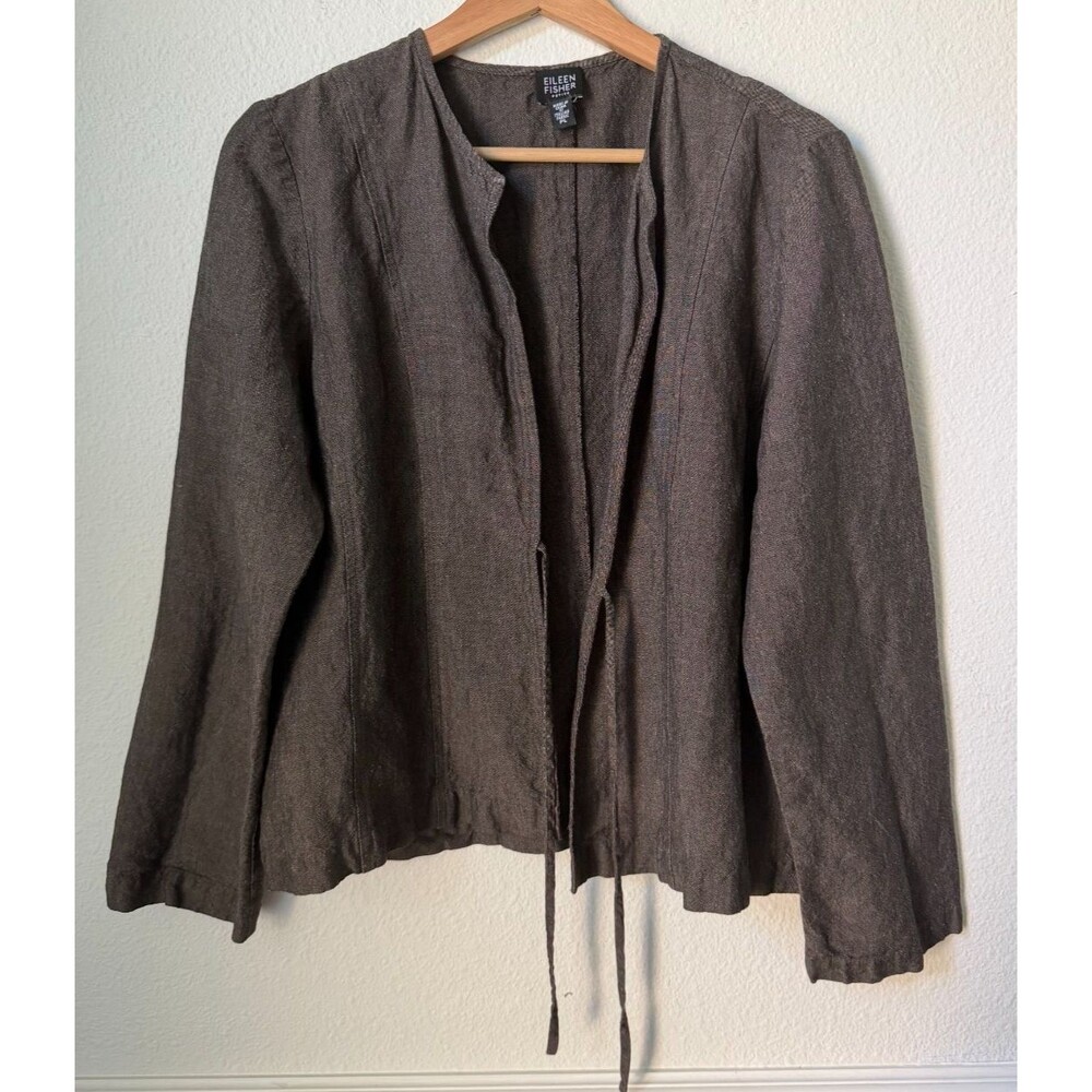 Eileen Fisher Jacket Womens Petite Large Brown Linen Blend Kimono Tie Front - Picture 2 of 10